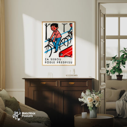 Boys Cycling - vintage matchbox label print - living room mockup