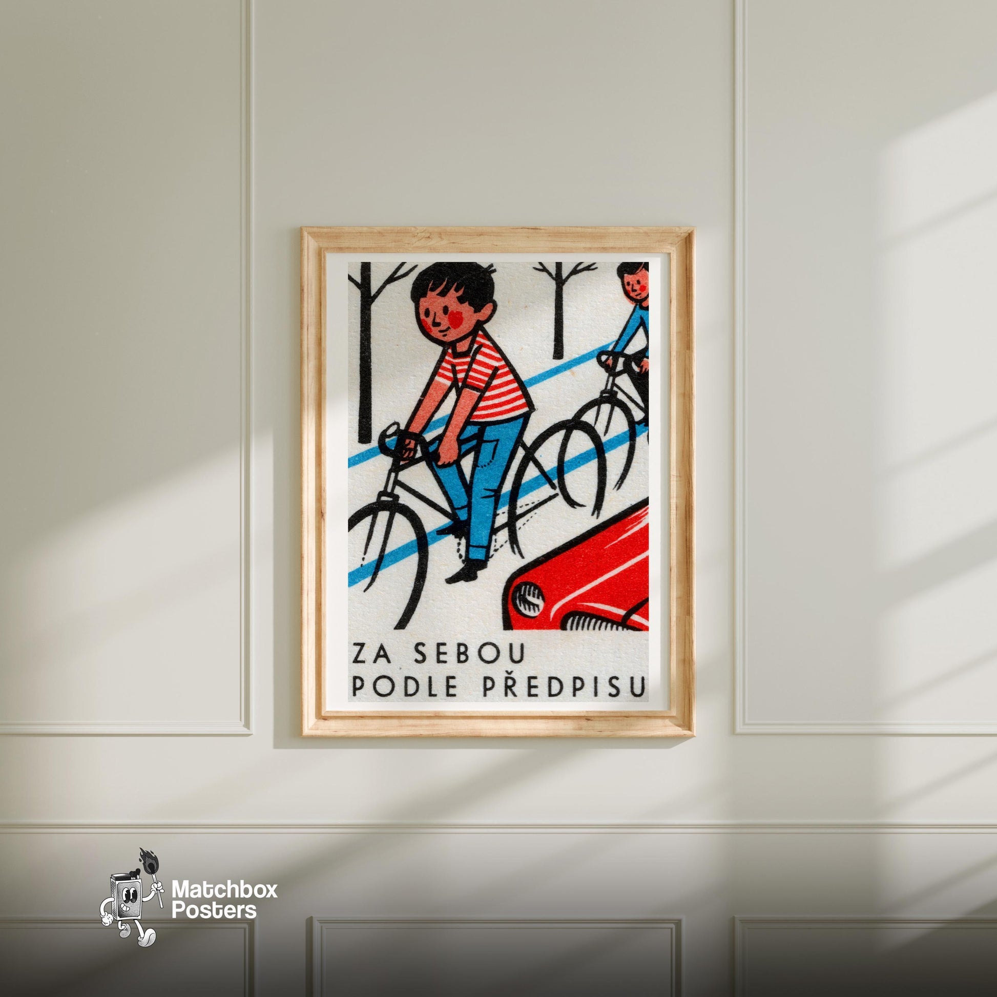Boys Cycling - vintage matchbox label print - bedroom mockup