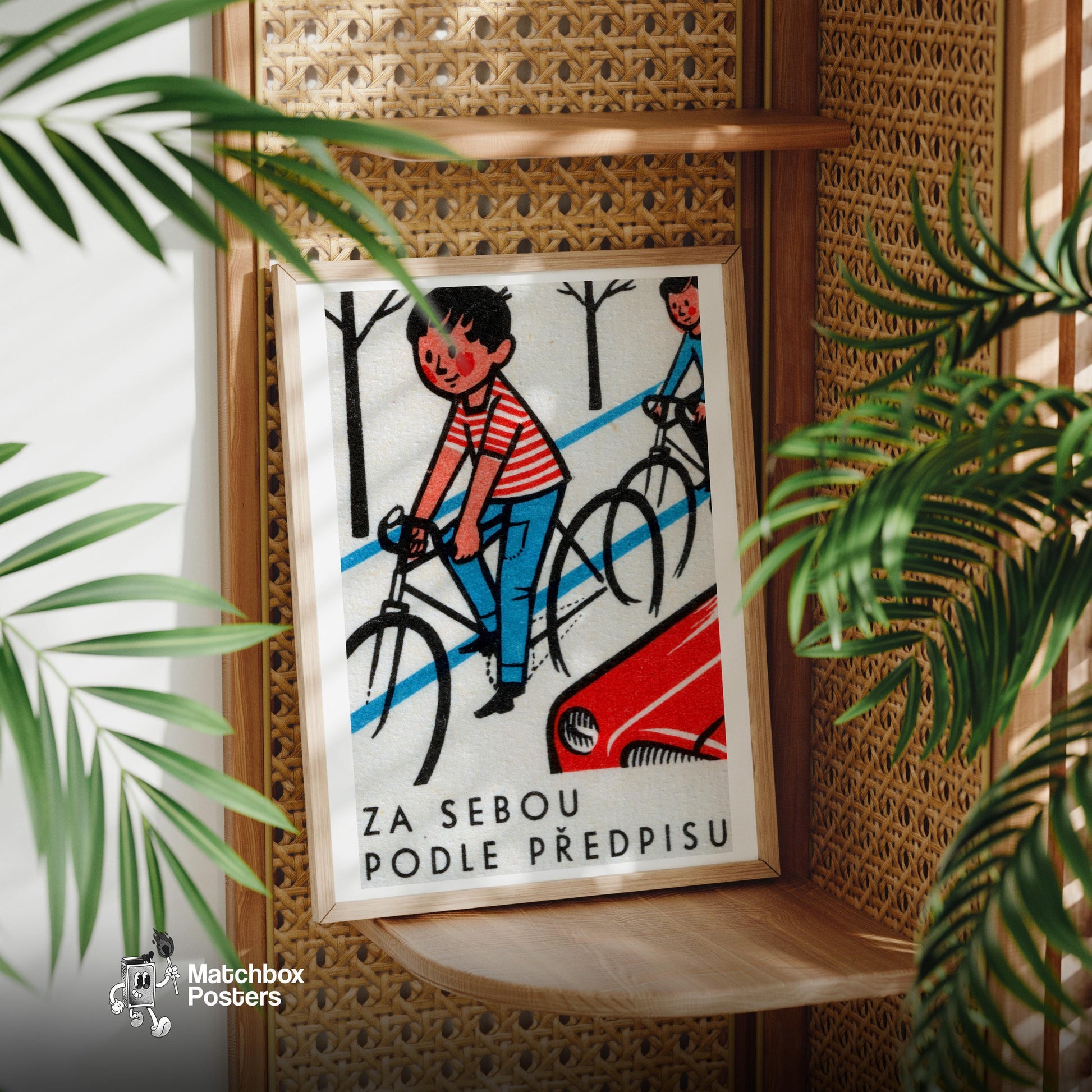 Boys Cycling - vintage matchbox label print - office wall