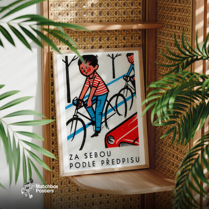 Boys Cycling - vintage matchbox label print - office wall