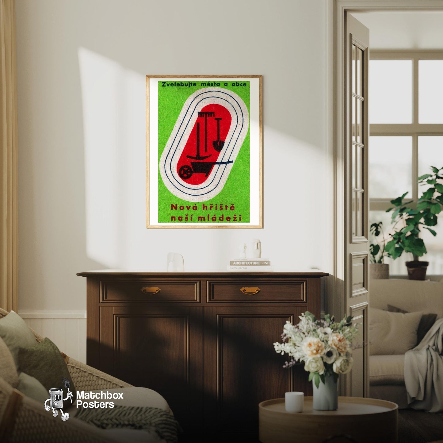 Build New Playgrounds - vintage matchbox label print - living room mockup