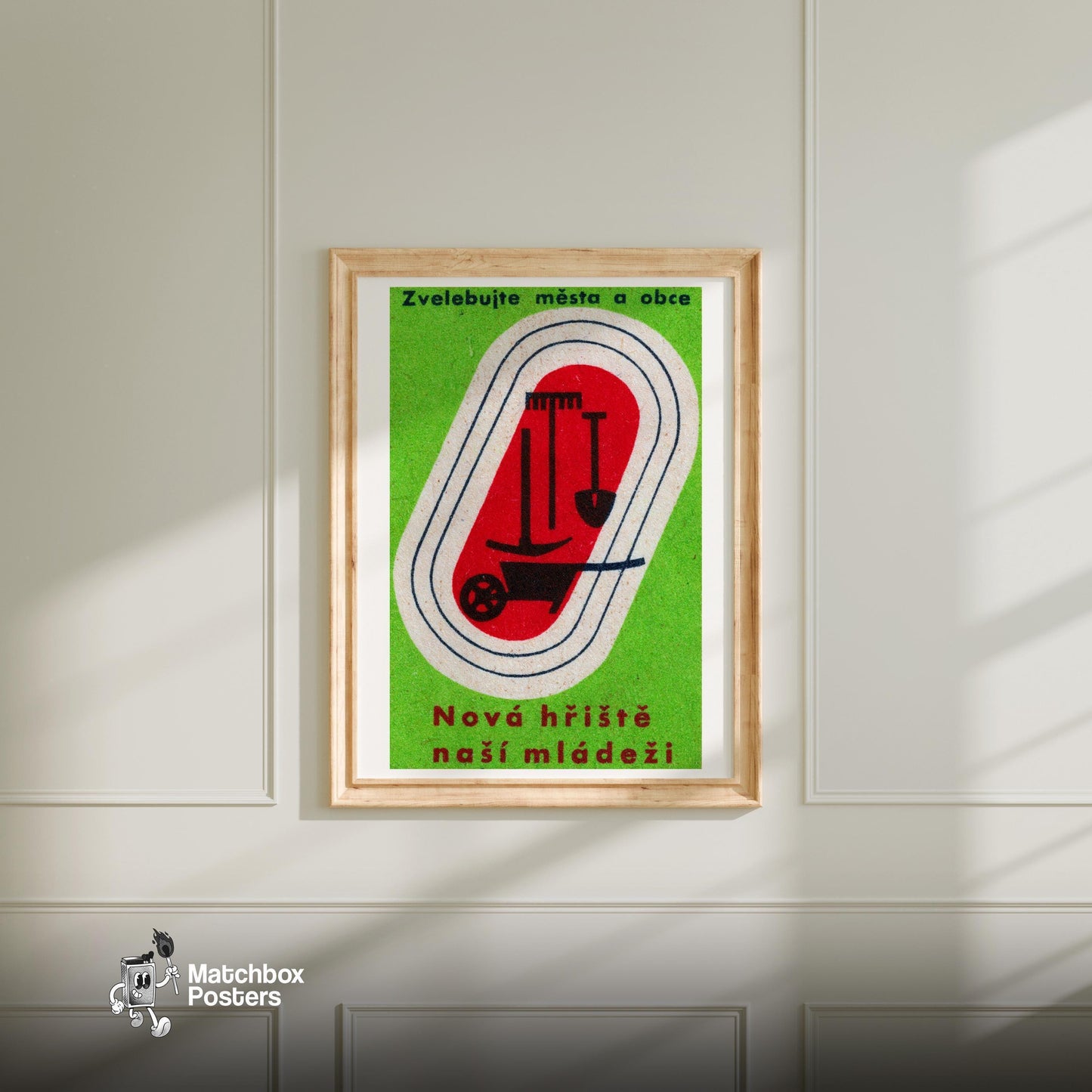 Build New Playgrounds - vintage matchbox label print - bedroom mockup