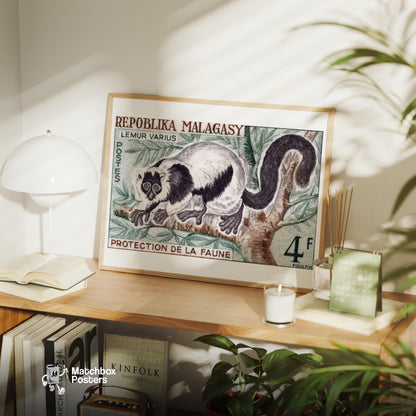 Lemur - vintage matchbox label print - office wall