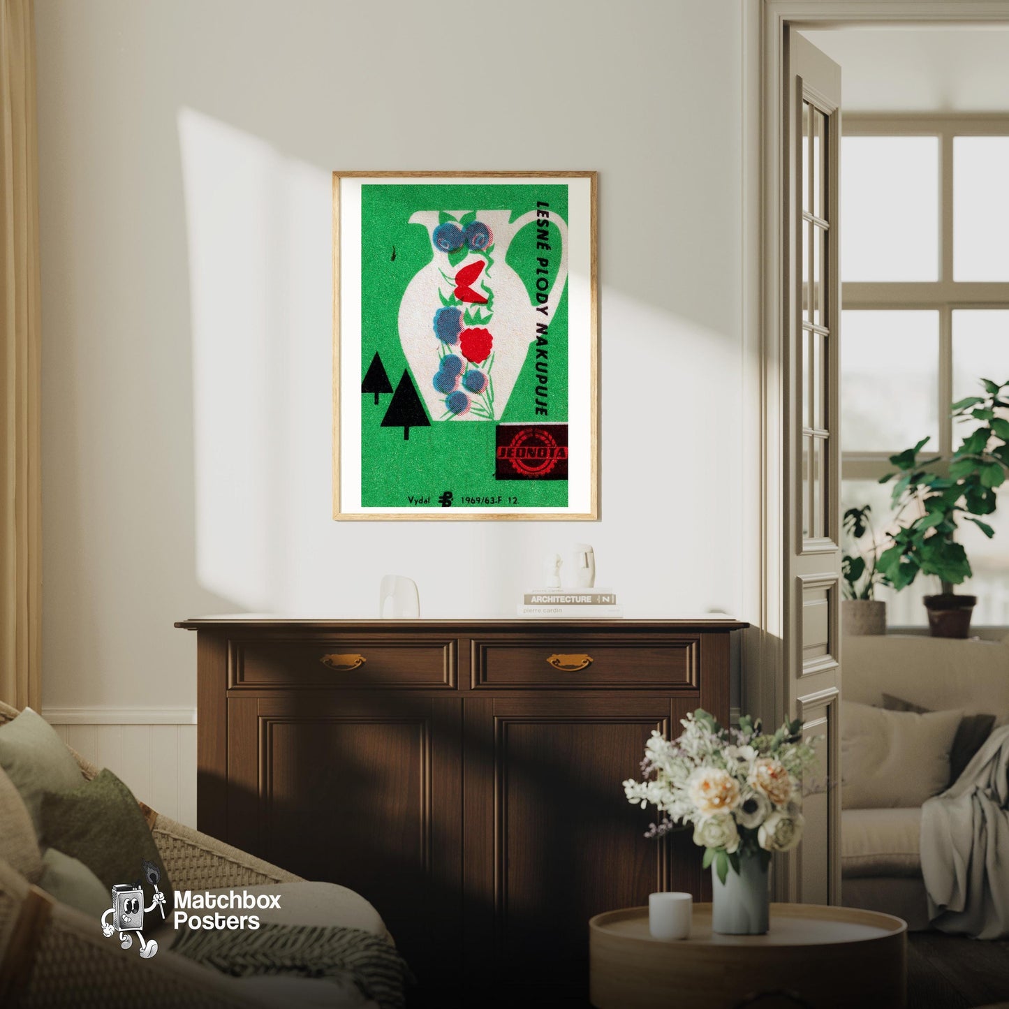 Berries in Basket - vintage matchbox label print - living room mockup