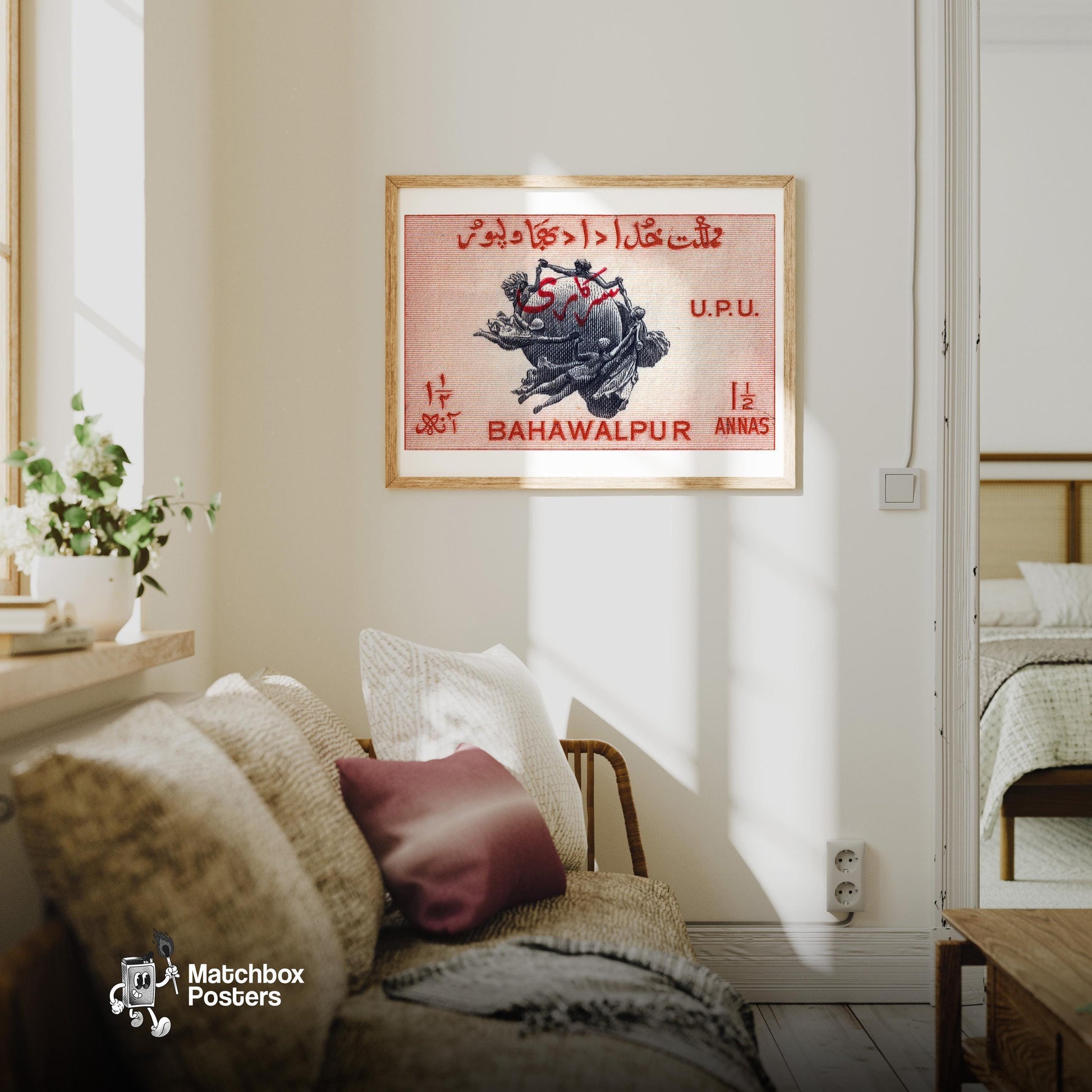 Figures Holding Globe - vintage matchbox label print - living room mockup