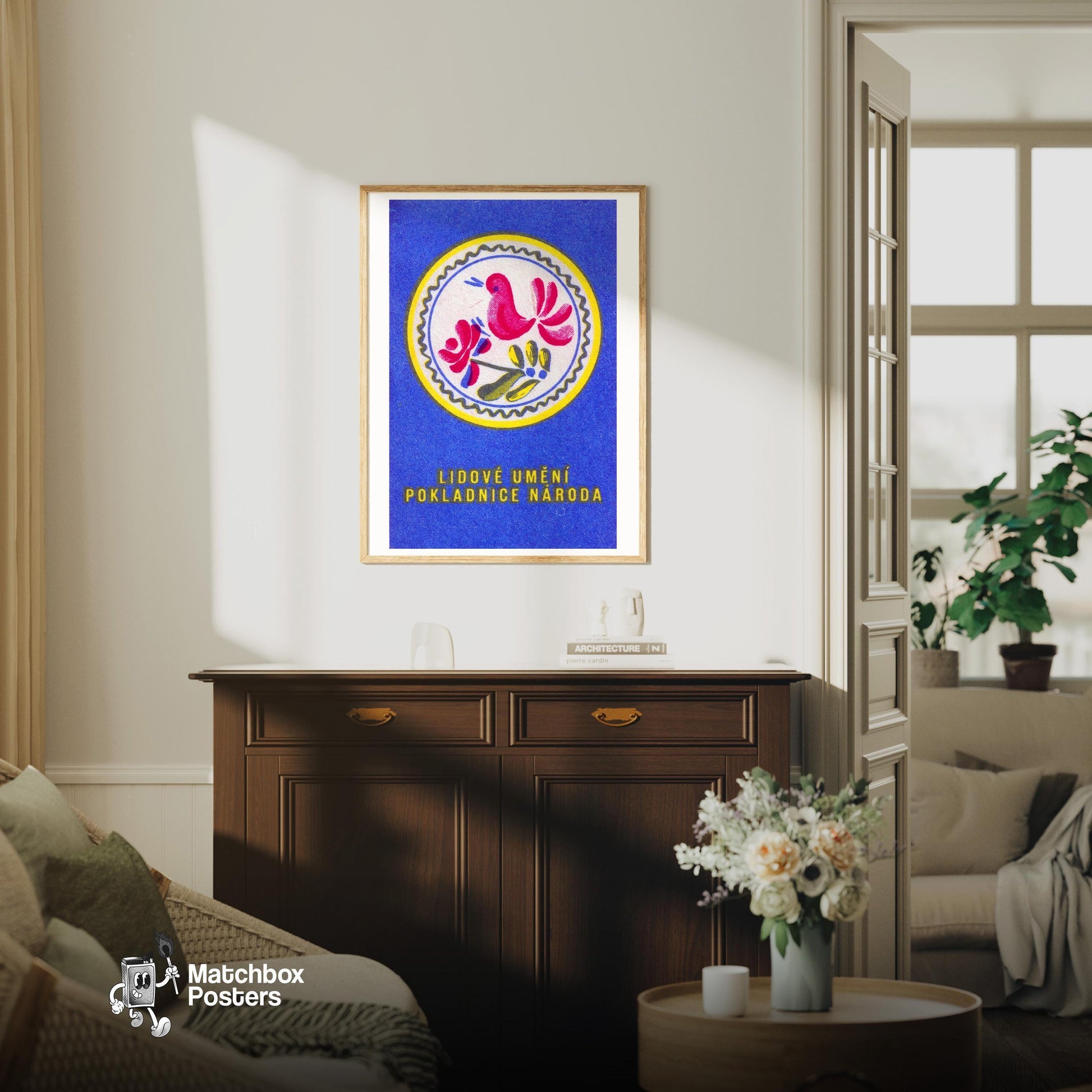 Pink Bird - vintage matchbox label print - living room mockup