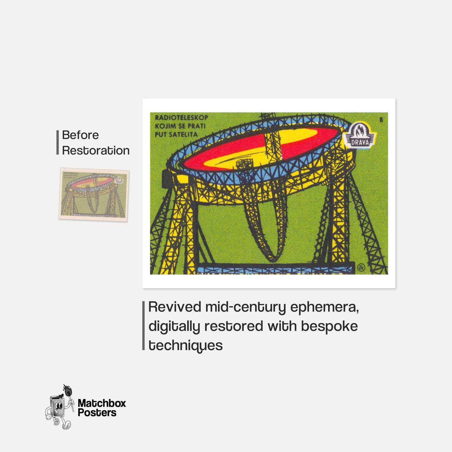 Illustration Of A Radio Telescope - vintage matchbox label print - framed wall art preview