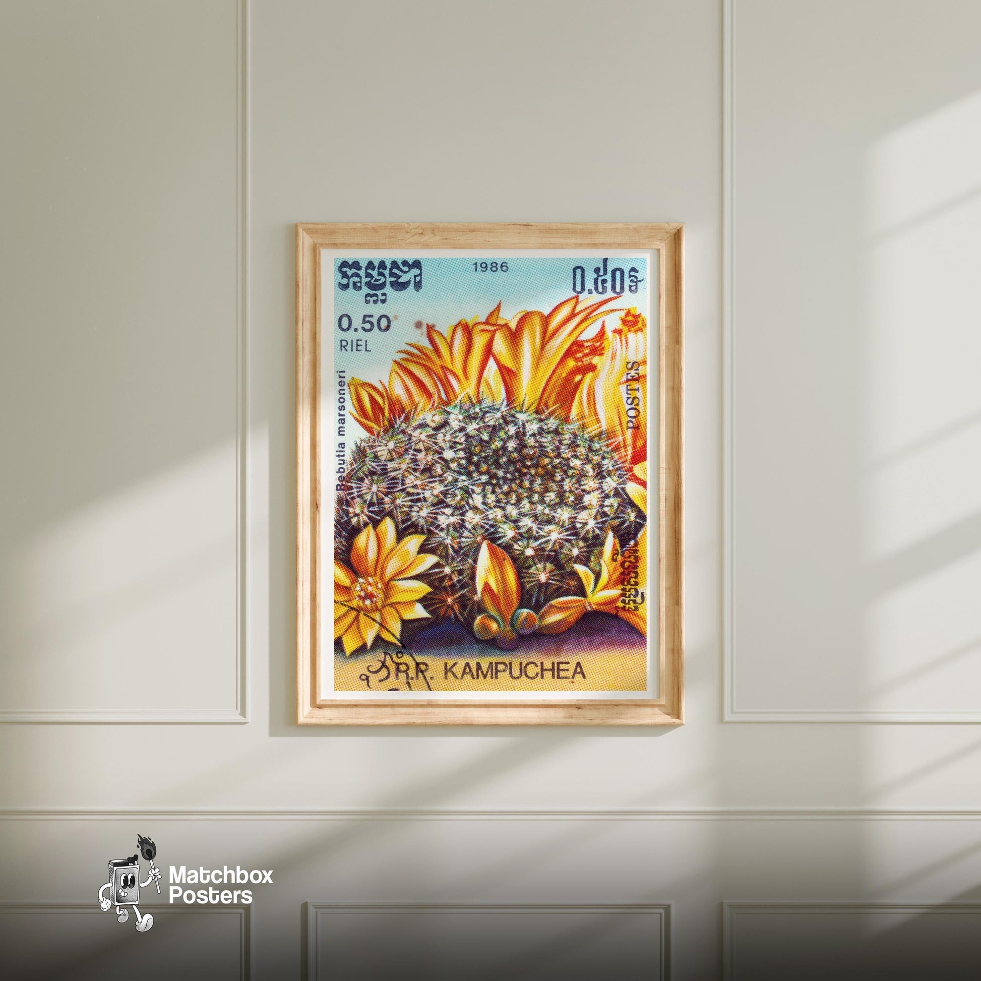 Orange Cactus Flowers - vintage matchbox label print - bedroom mockup
