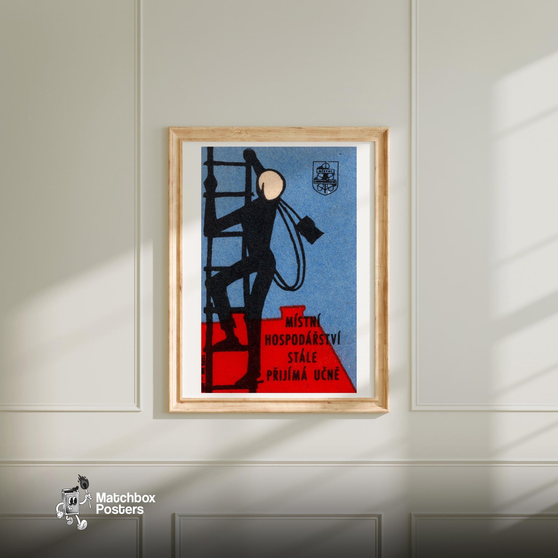 Worker Climbing Ladder - vintage matchbox label print - bedroom mockup