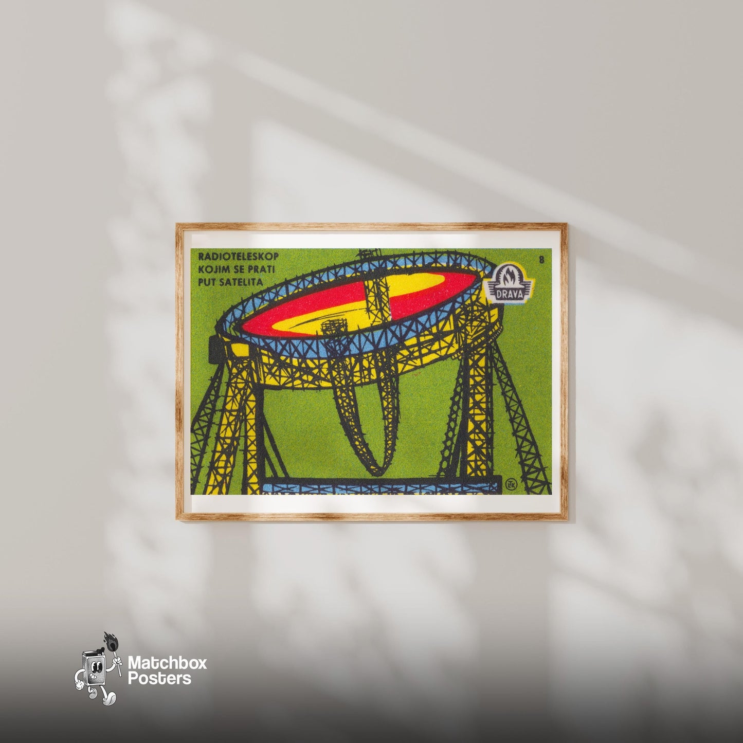 Illustration Of A Radio Telescope - vintage matchbox label print - bedroom mockup