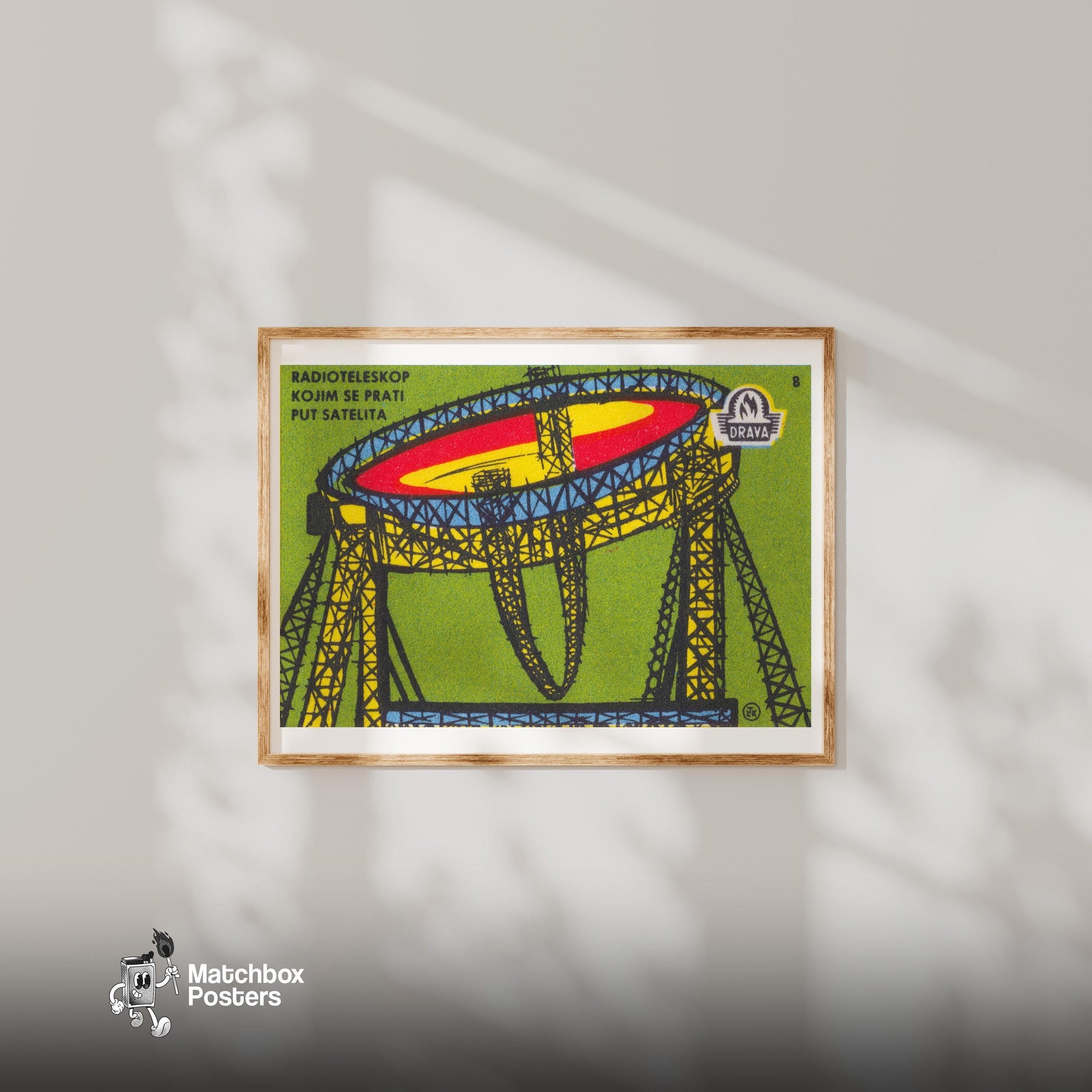 Illustration Of A Radio Telescope - vintage matchbox label print - bedroom mockup