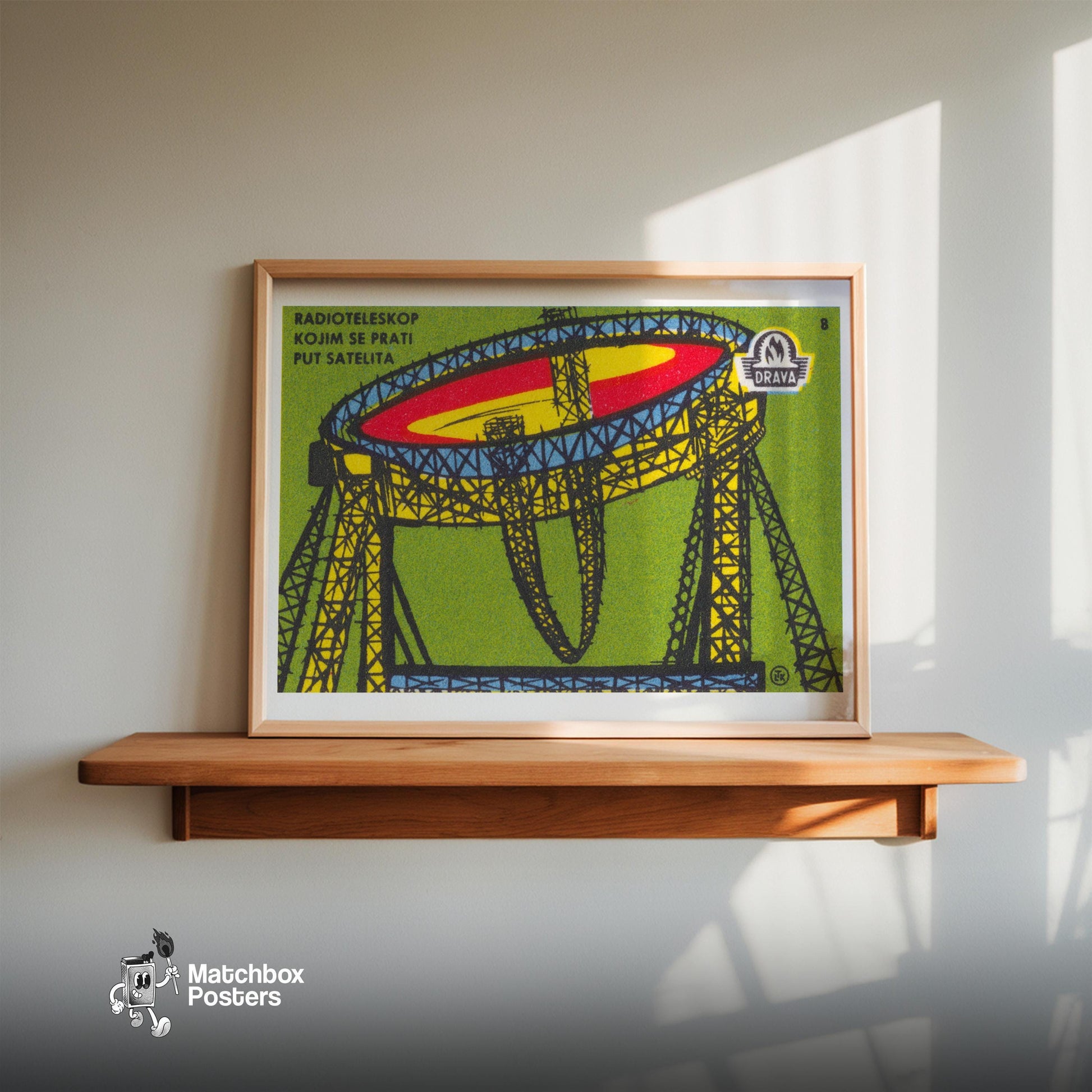 Illustration Of A Radio Telescope - vintage matchbox label print - size comparison