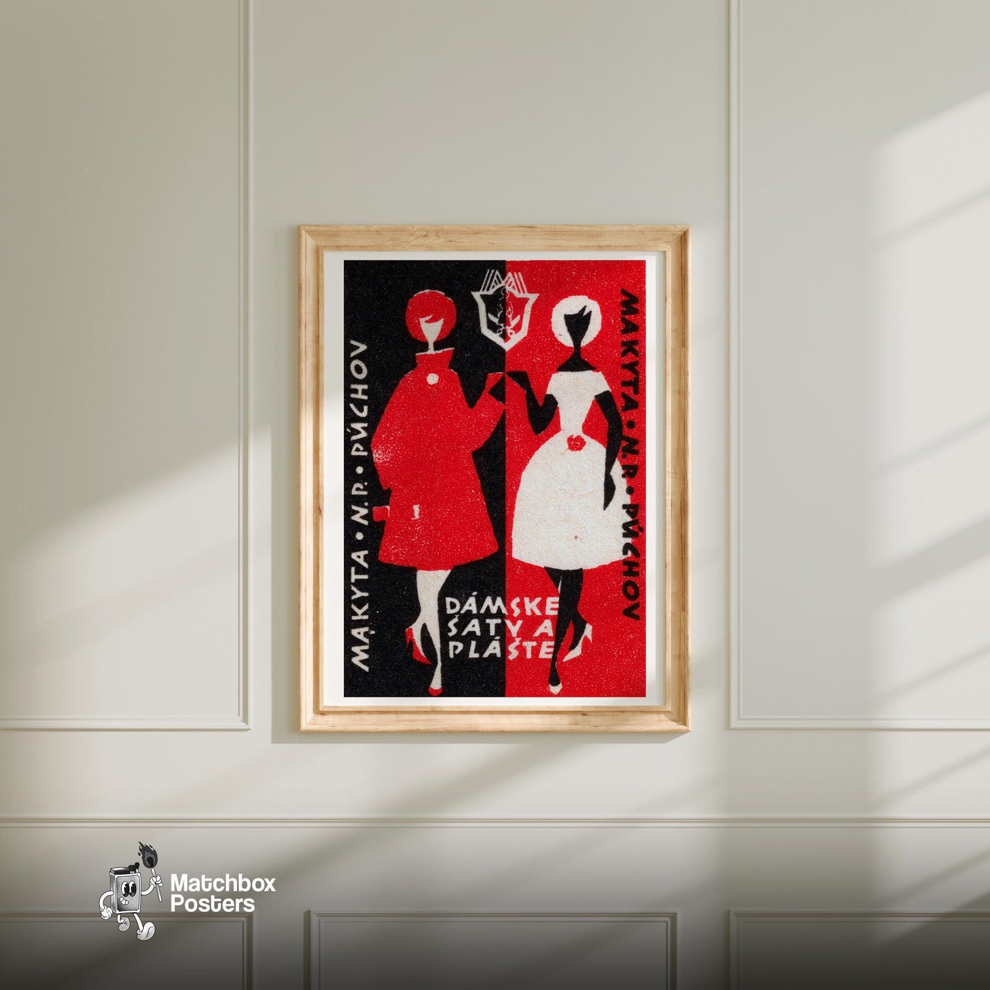 Stylized Figures Of Women - vintage matchbox label print - bedroom mockup