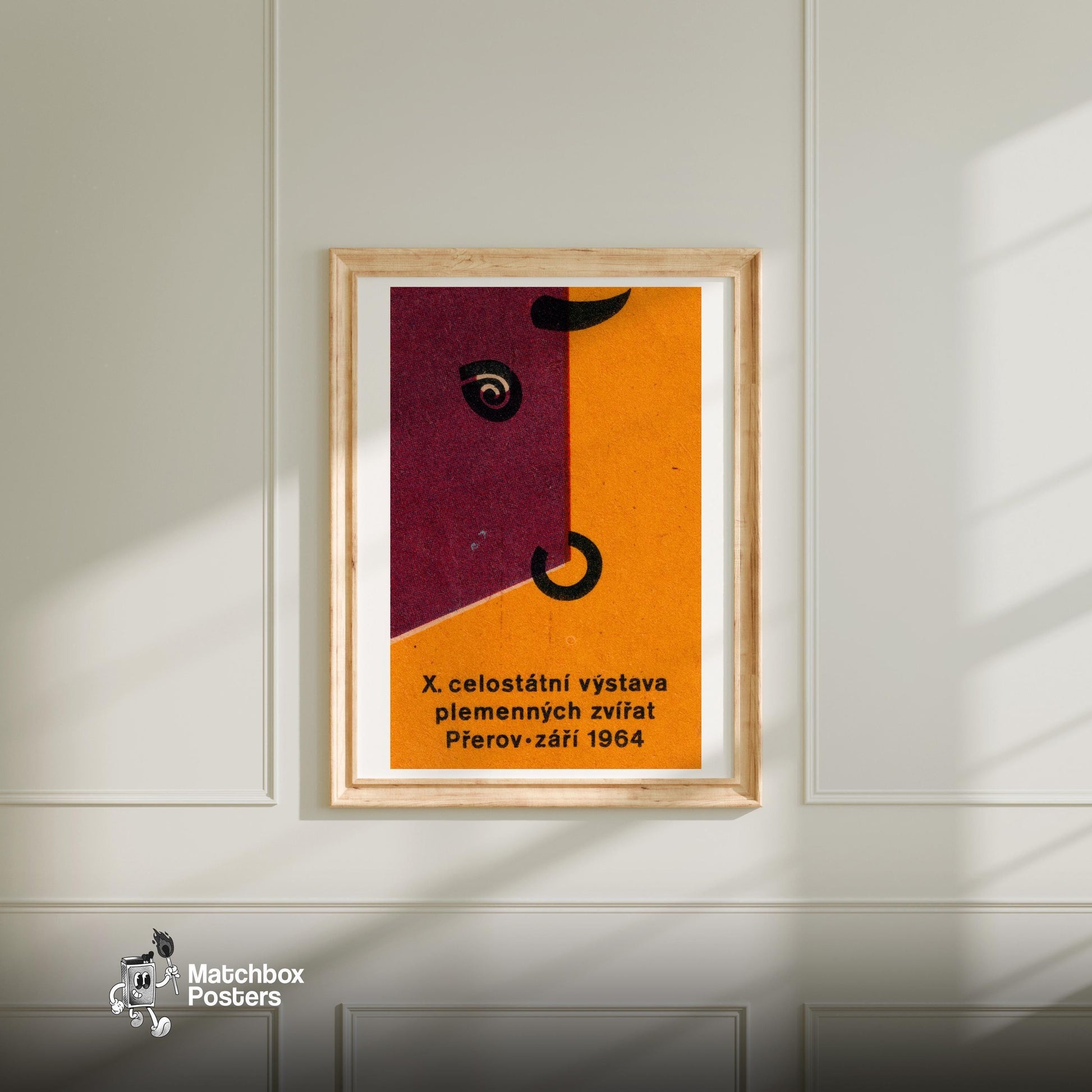 Stylized Abstract Representation Of A Cow - vintage matchbox label print - bedroom mockup