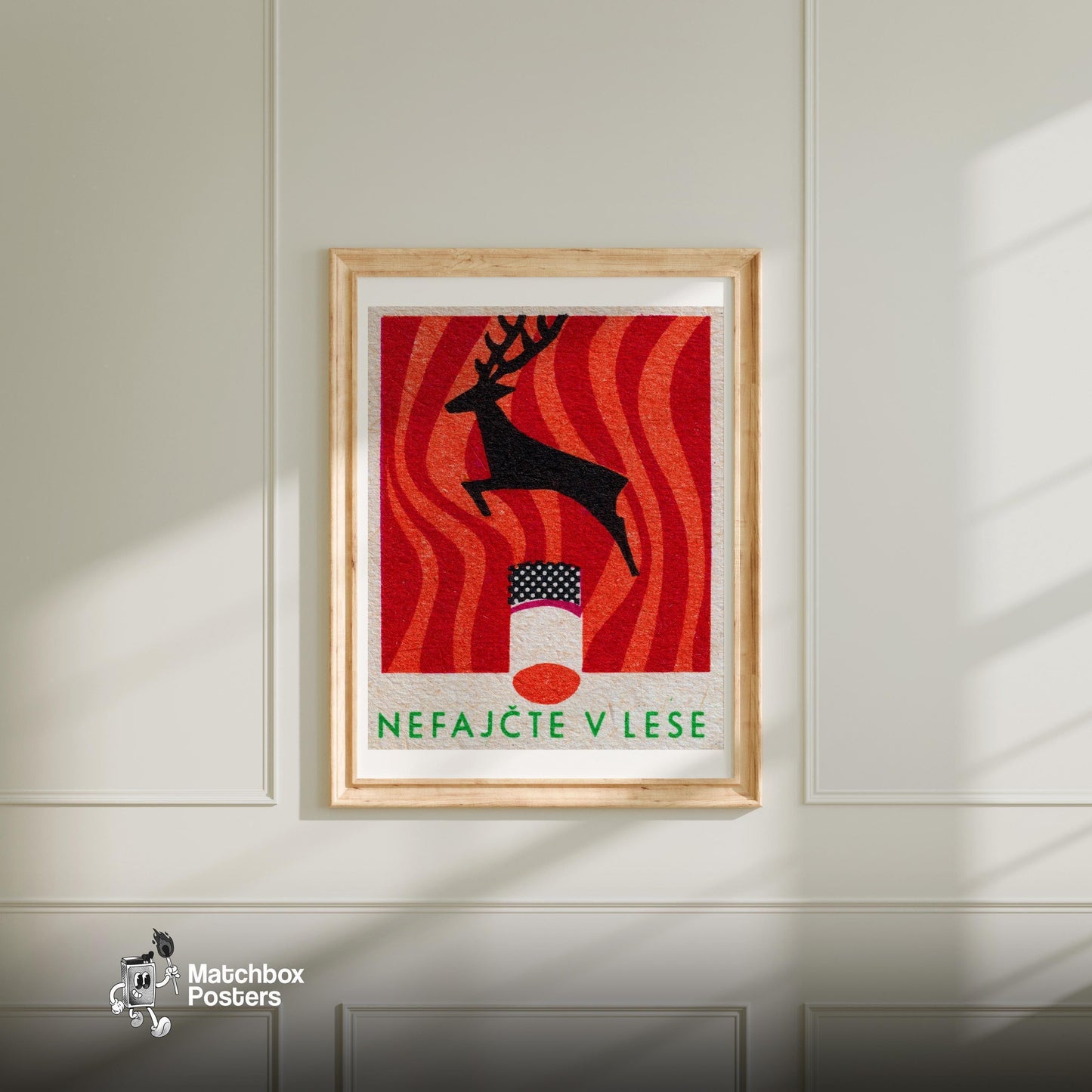 Jumping Deer - vintage matchbox label print - bedroom mockup