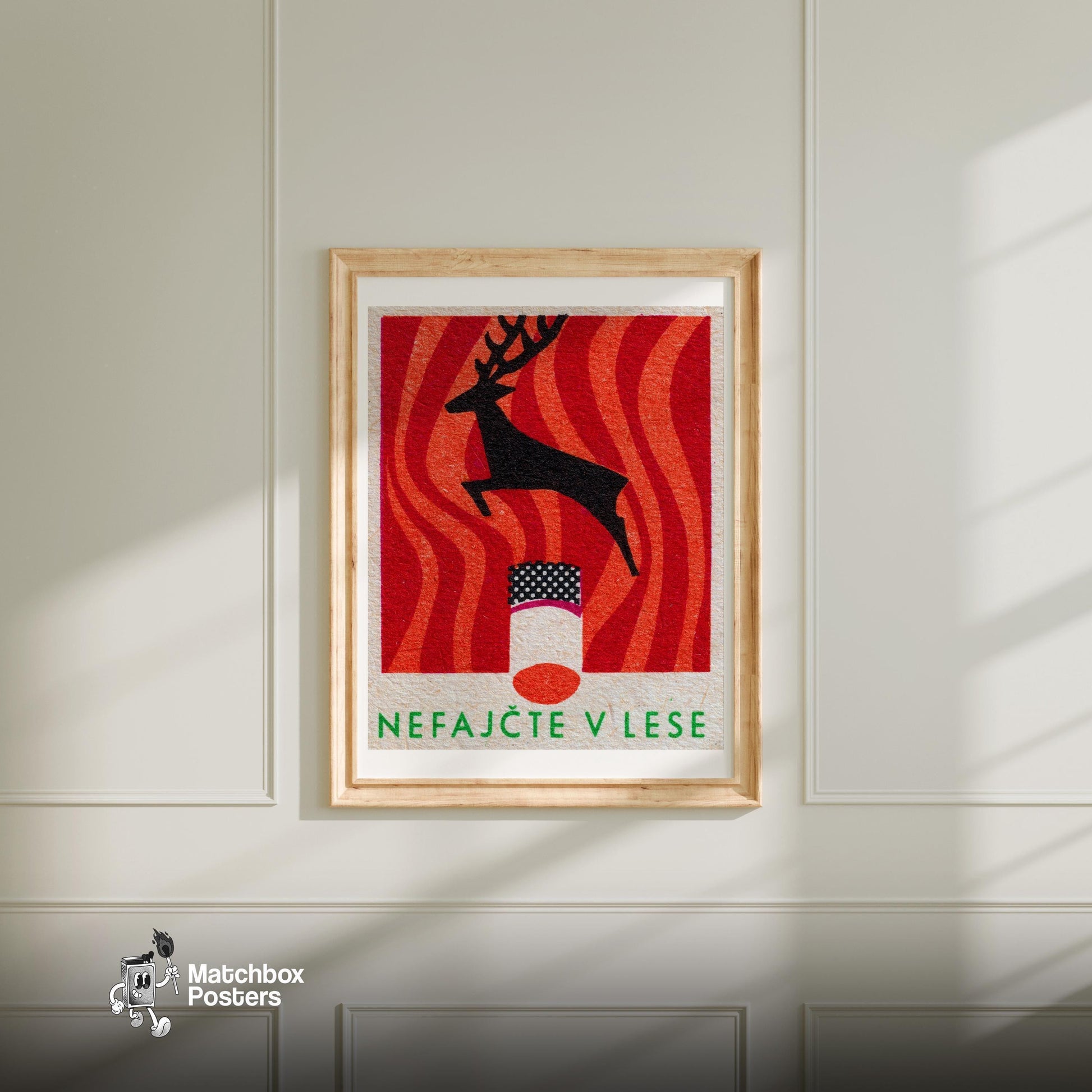 Jumping Deer - vintage matchbox label print - bedroom mockup