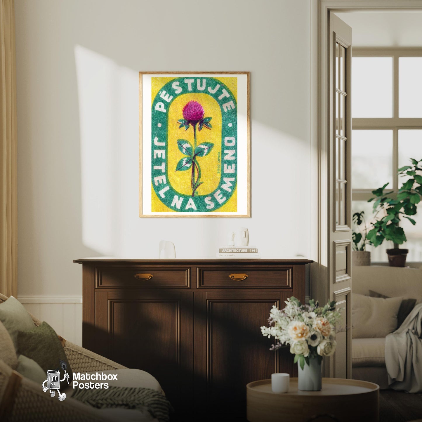 Red Clover Flower - vintage matchbox label print - living room mockup