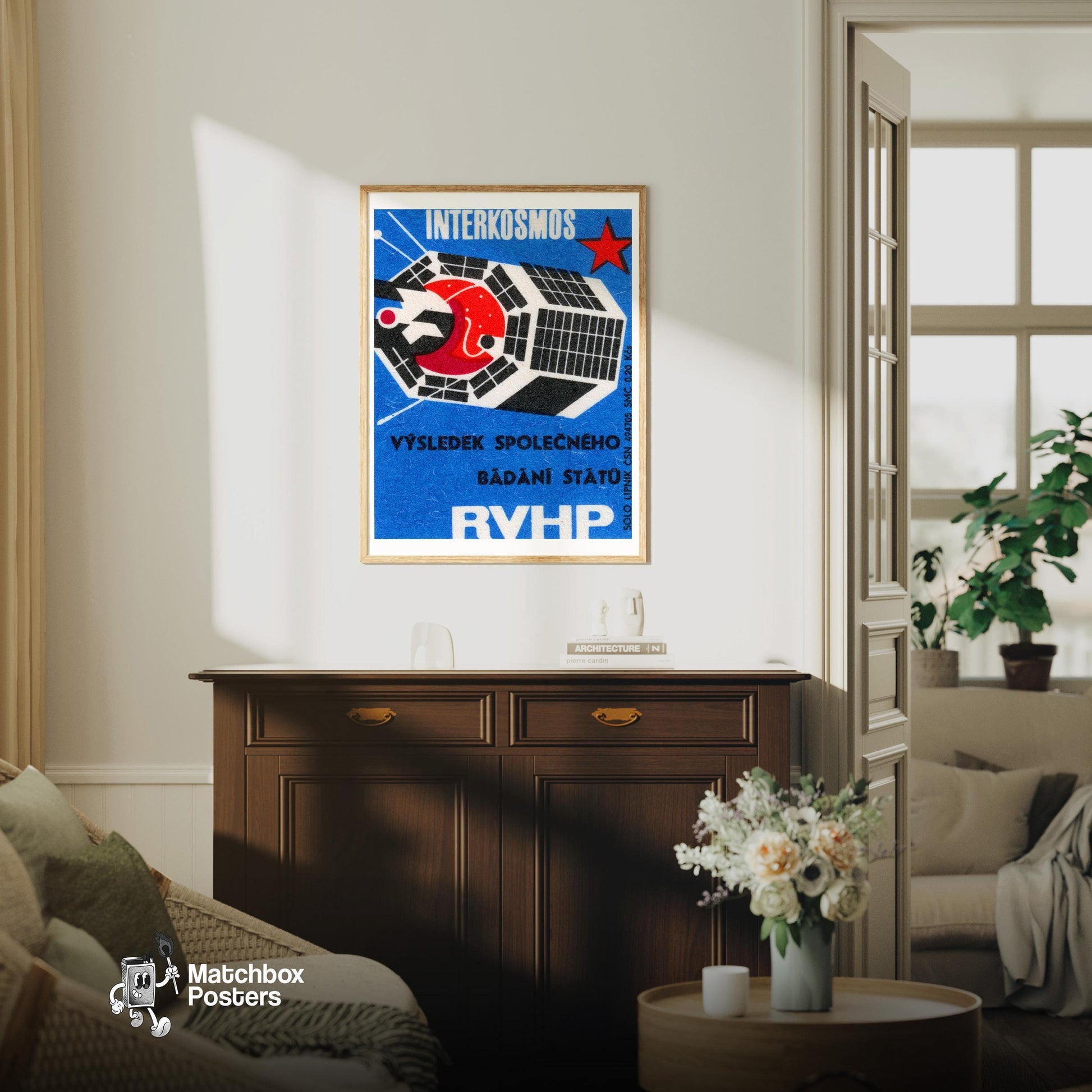 Satellite - vintage matchbox label print - living room mockup