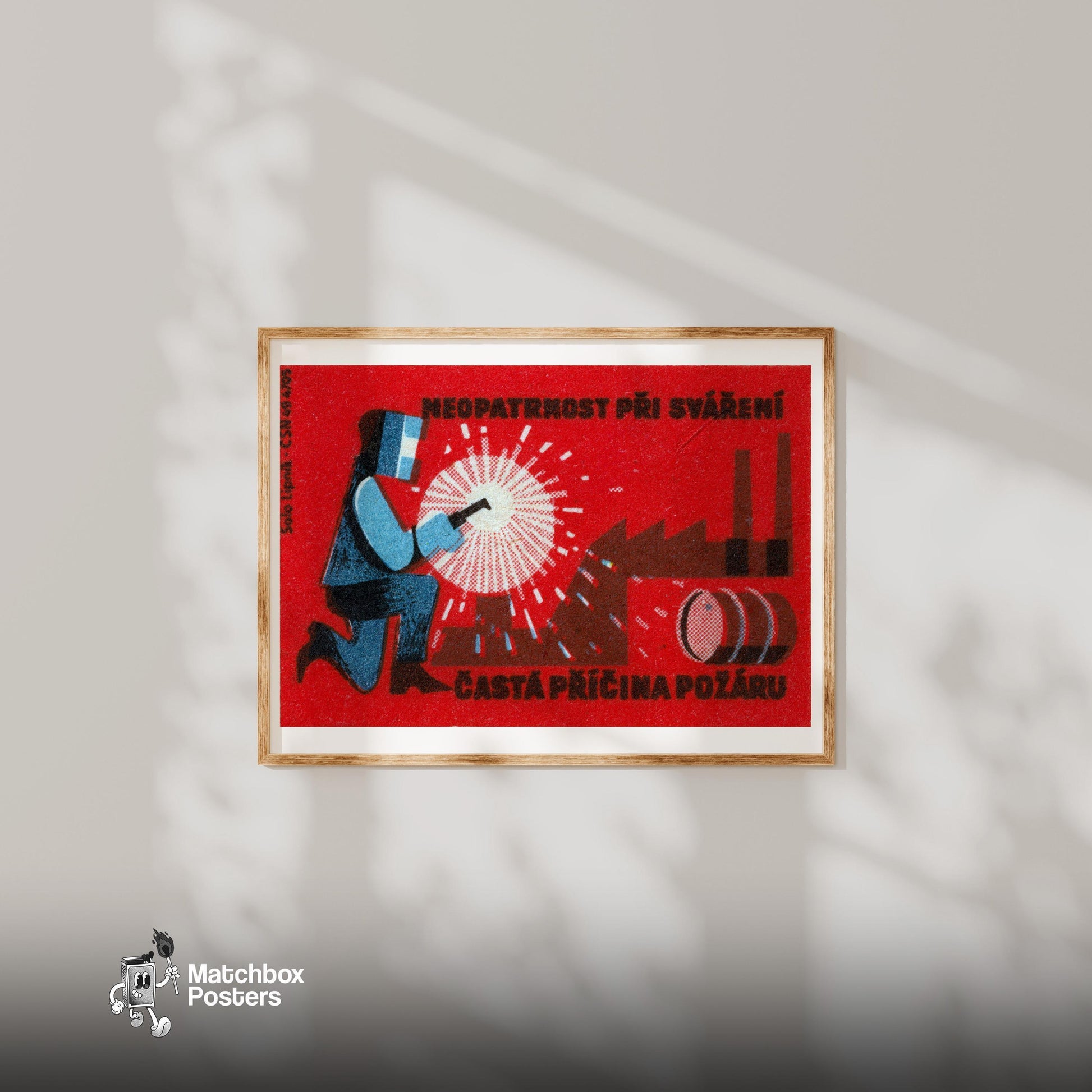 Welder - vintage matchbox label print - bedroom mockup