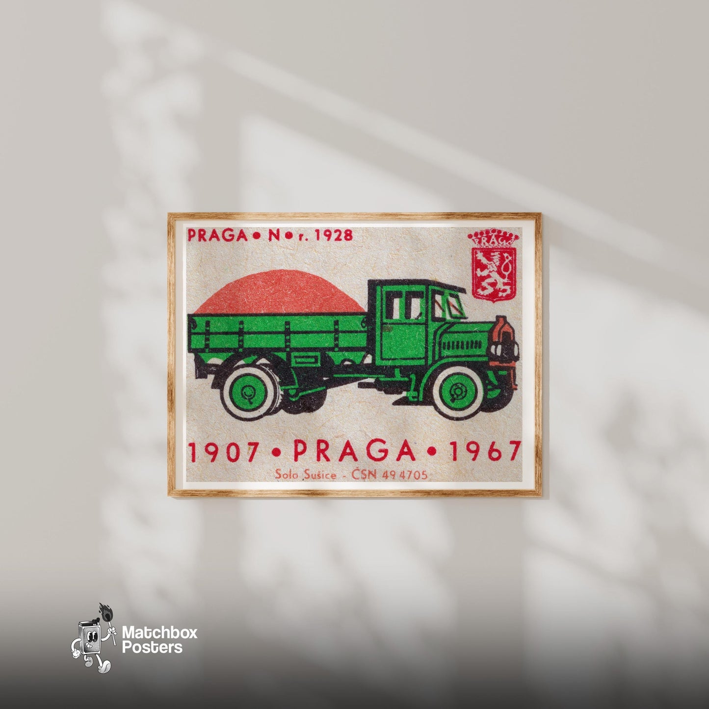 Green Truck - vintage matchbox label print - bedroom mockup