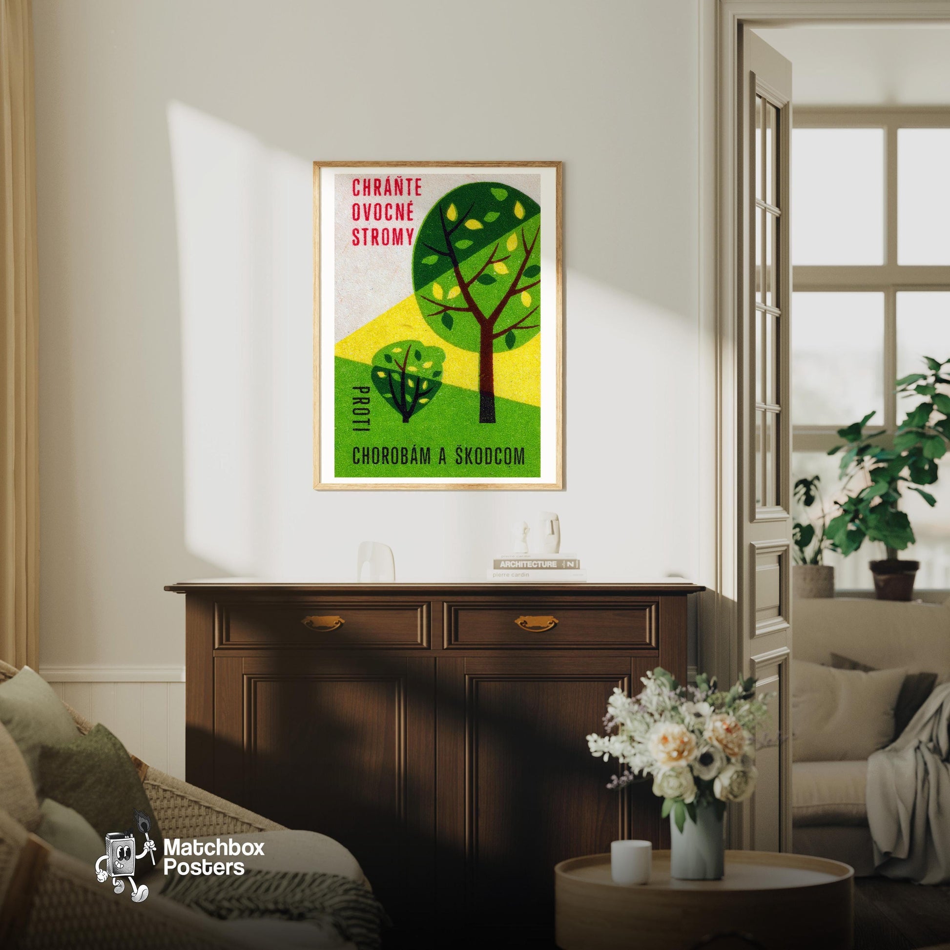 Fruit Trees - vintage matchbox label print - living room mockup