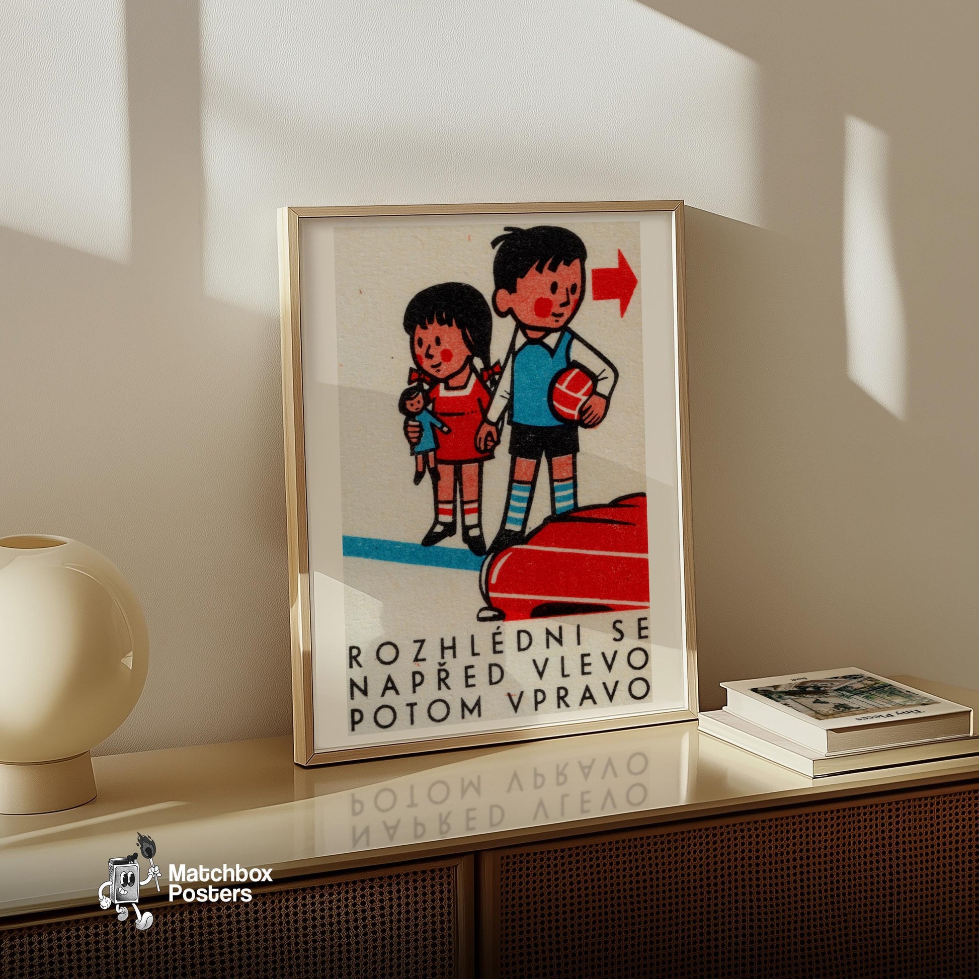 Children with Ball and Doll - vintage matchbox label print - size comparison