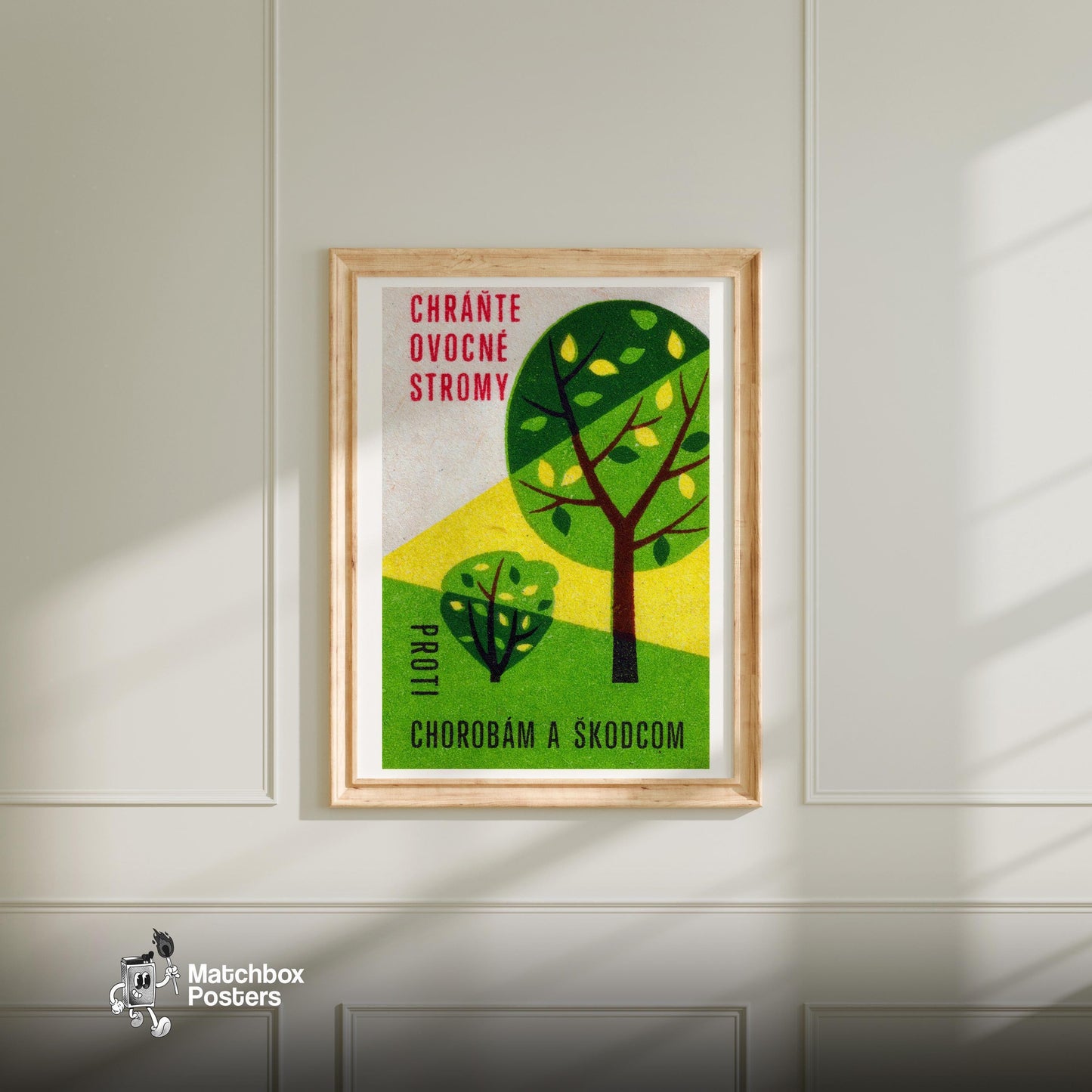 Fruit Trees - vintage matchbox label print - bedroom mockup