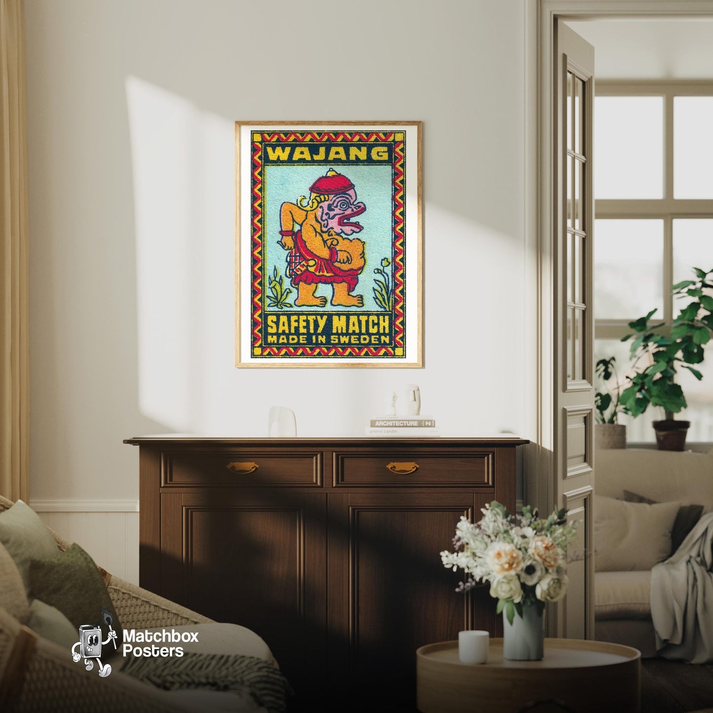 Wayang God - vintage matchbox label print - living room mockup