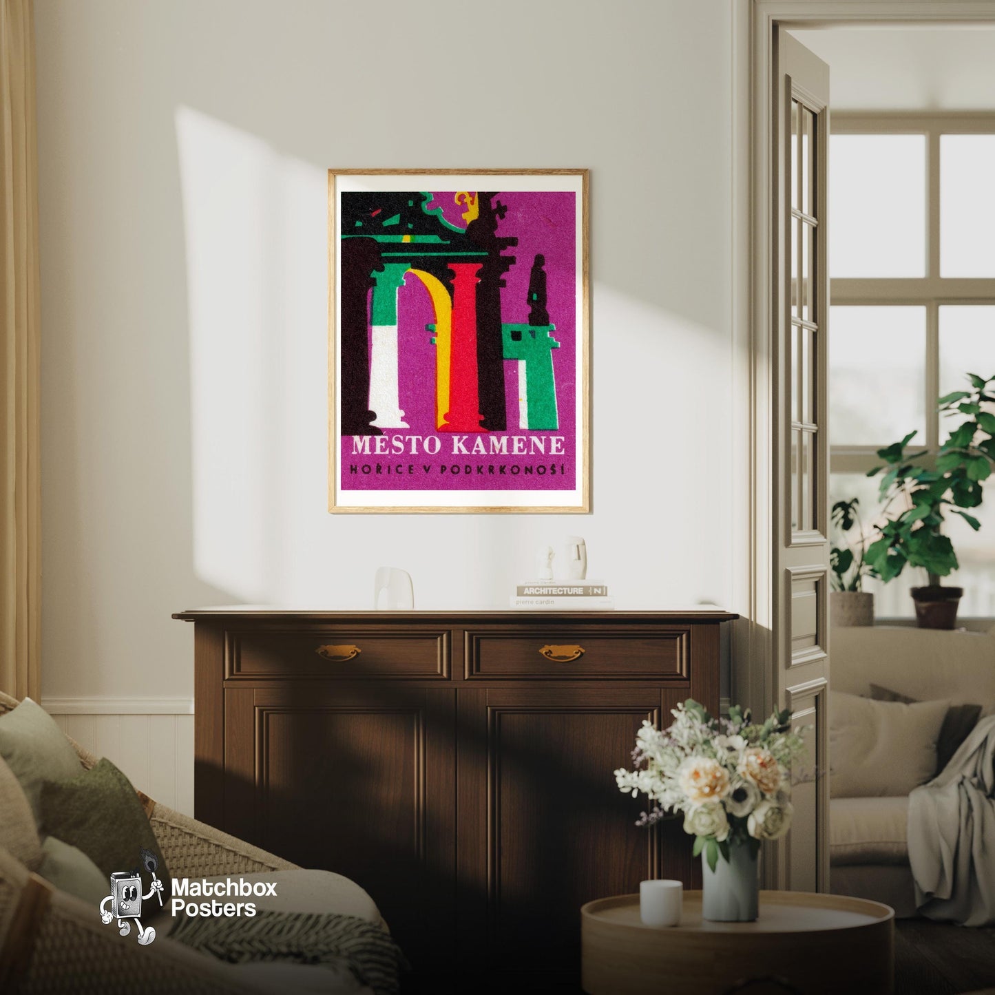 City of Kamene - vintage matchbox label print - living room mockup