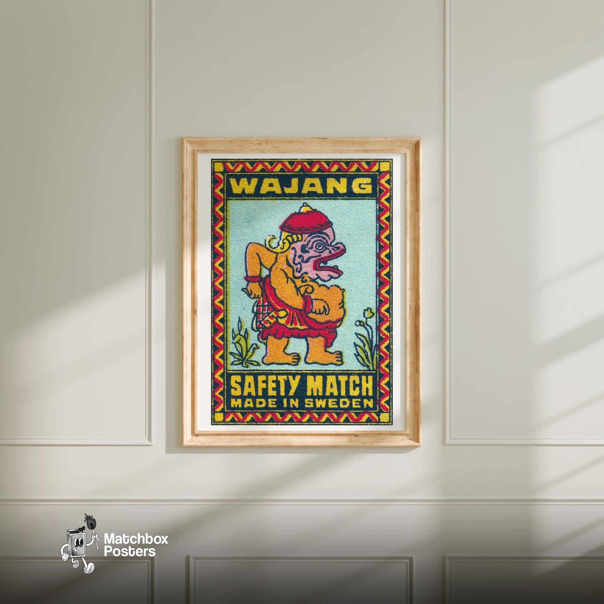 Wayang God - vintage matchbox label print - bedroom mockup