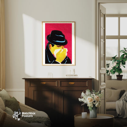 Sneezing Man - vintage matchbox label print - living room mockup