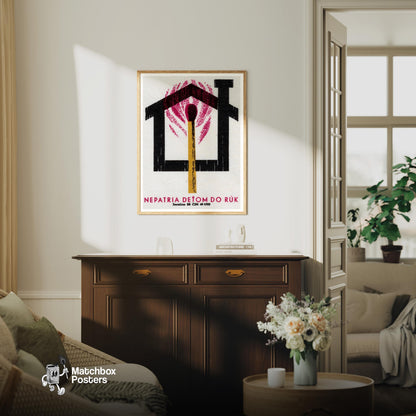 Burning Match House - vintage matchbox label print - living room mockup