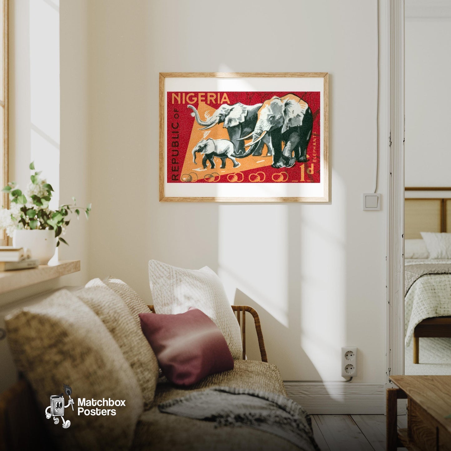 Herd of Elephants - vintage matchbox label print - living room mockup