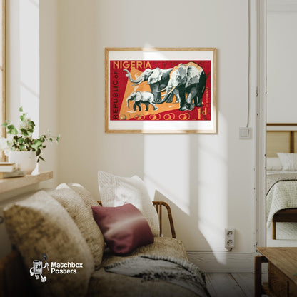 Herd of Elephants - vintage matchbox label print - living room mockup