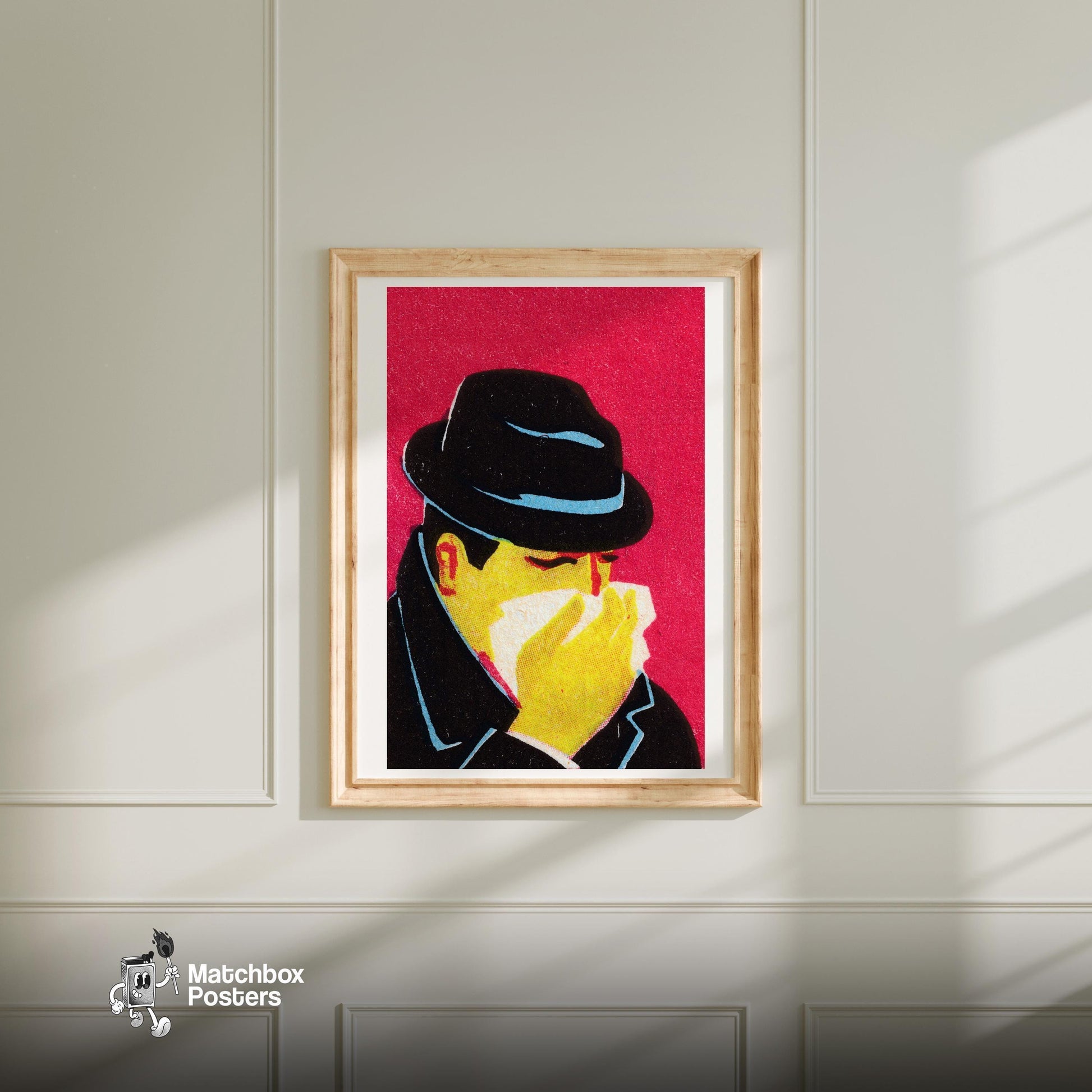 Sneezing Man - vintage matchbox label print - bedroom mockup