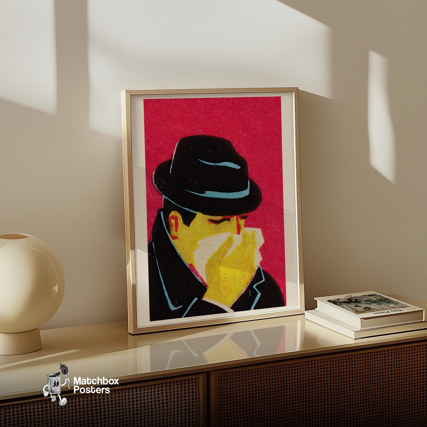 Sneezing Man - vintage matchbox label print - size comparison