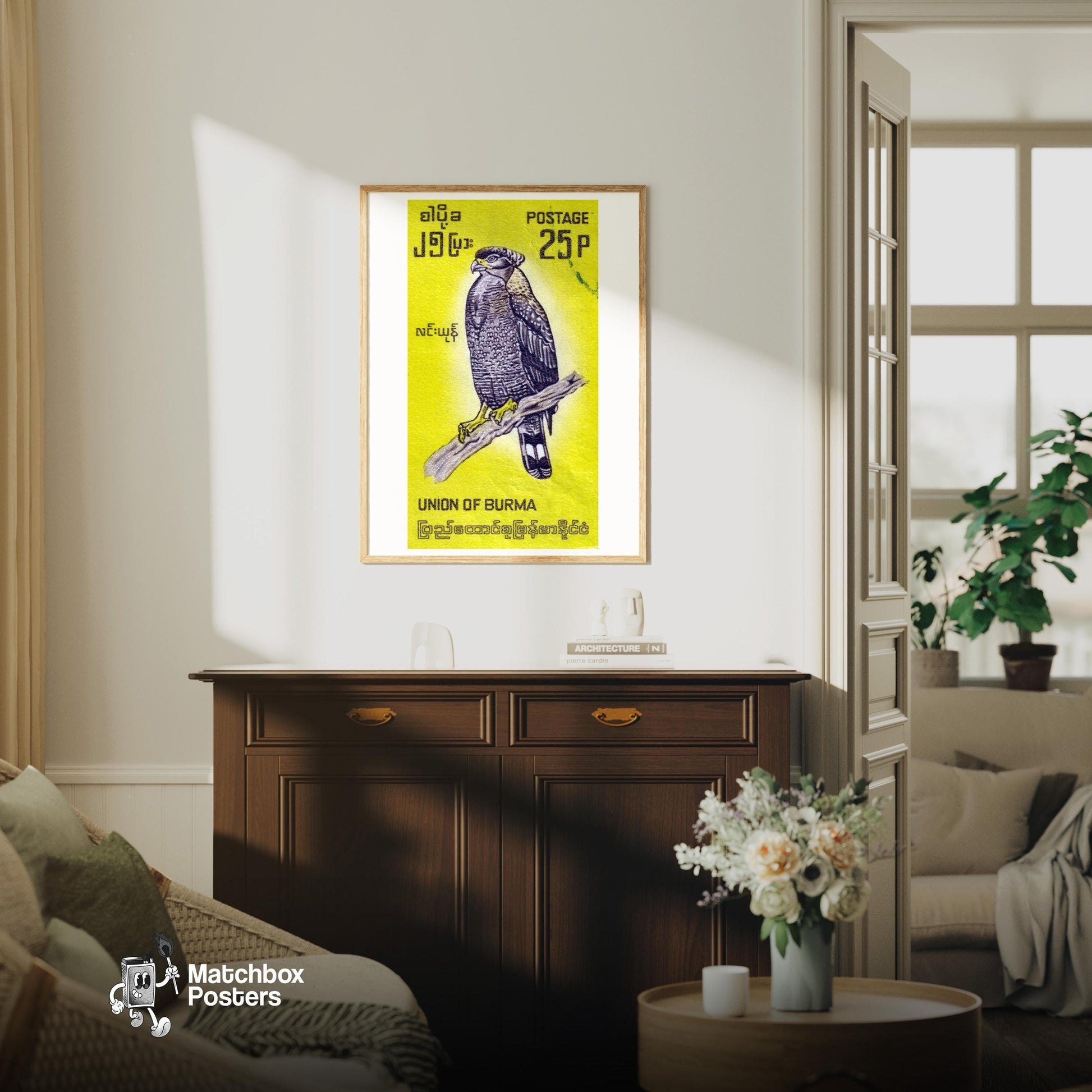 Black Hawk - vintage matchbox label print - living room mockup