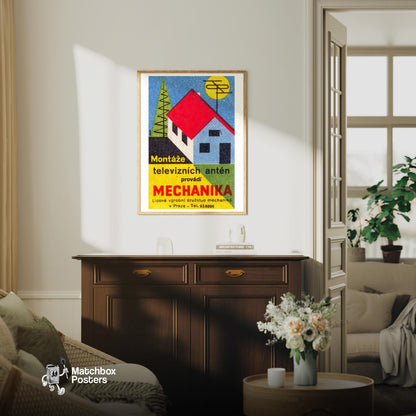 Television Antennas - vintage matchbox label print - living room mockup