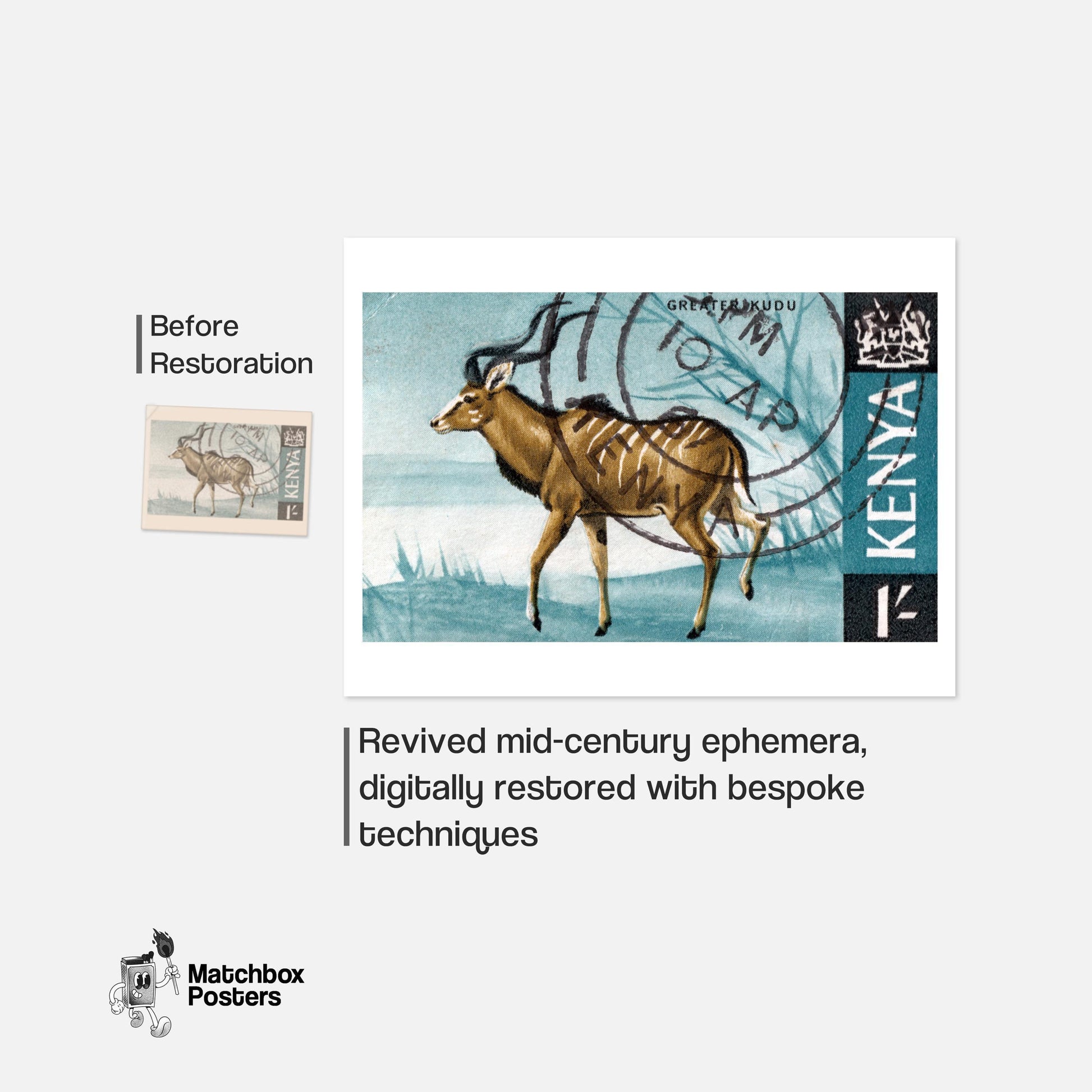 Greater Kudu Walking KENYA - vintage matchbox label print - framed wall art preview