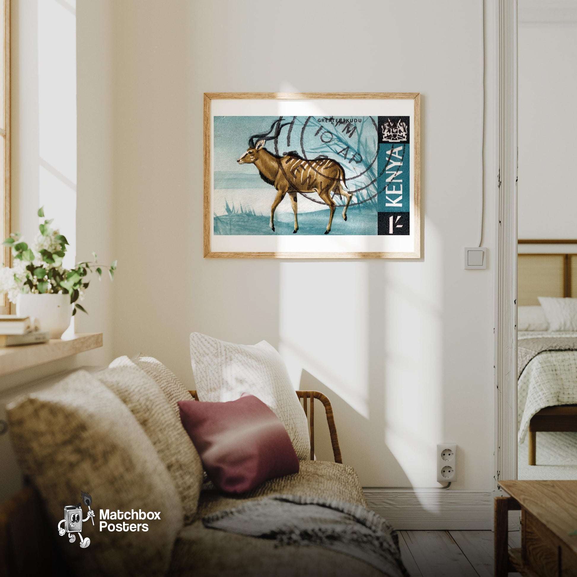 Greater Kudu Walking KENYA - vintage matchbox label print - living room mockup