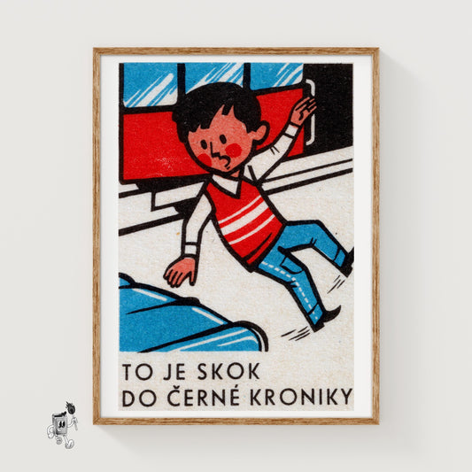 Boy Jumping from Train - vintage matchbox label print