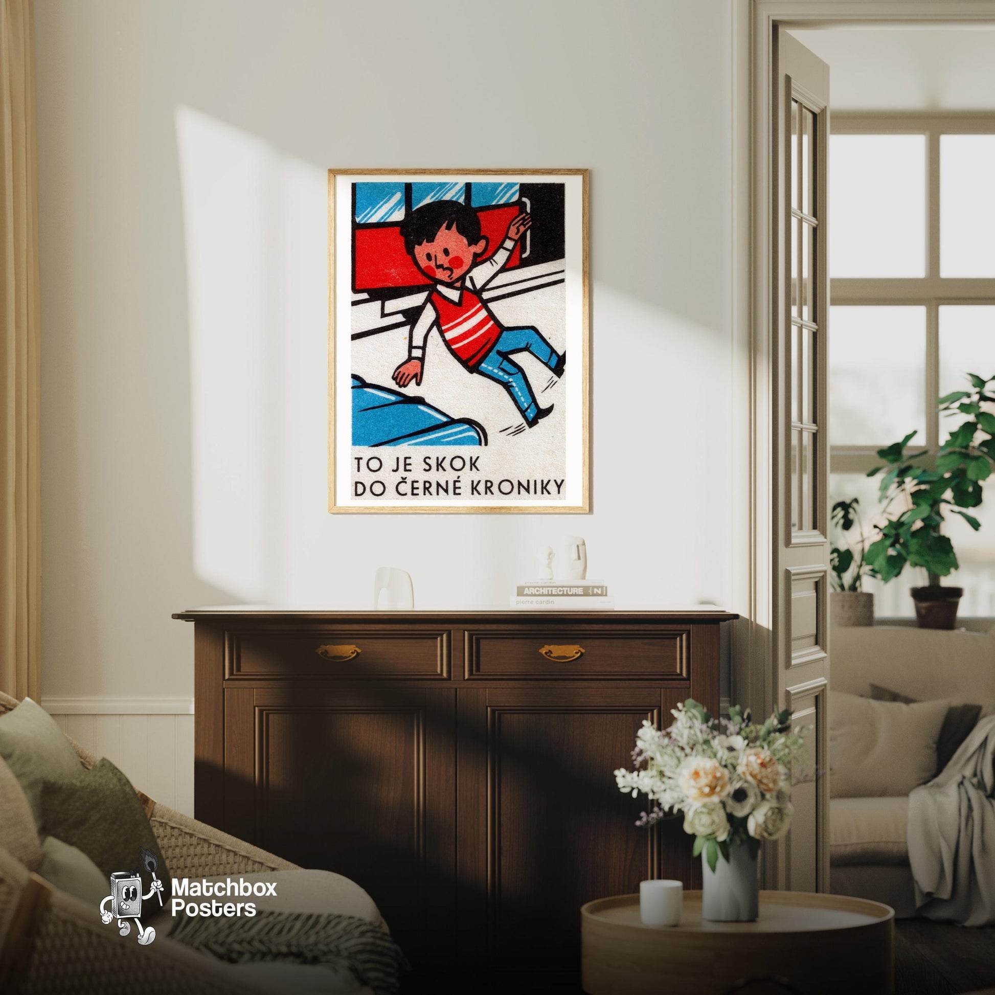 Boy Jumping from Train - vintage matchbox label print - living room mockup