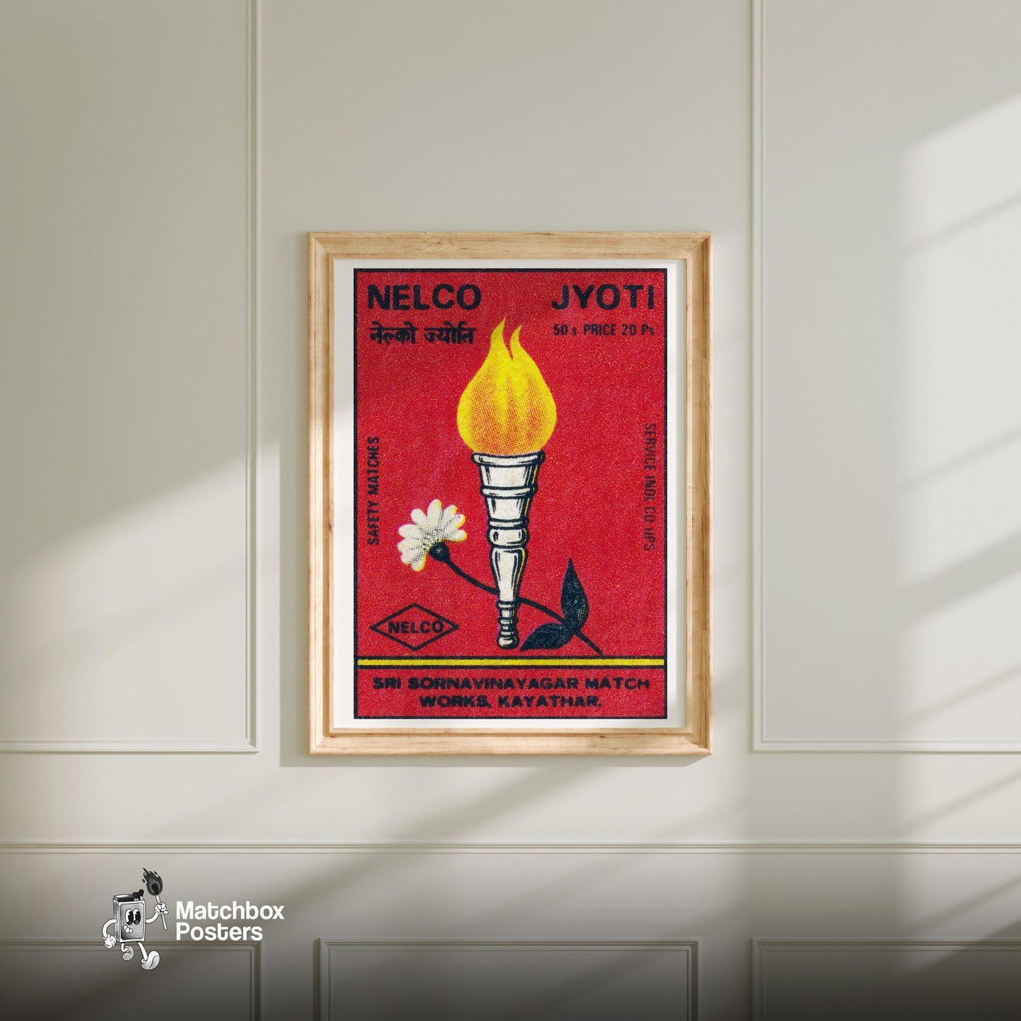 Flaming Torch - vintage matchbox label print - bedroom mockup