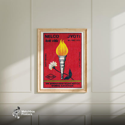 Flaming Torch - vintage matchbox label print - bedroom mockup
