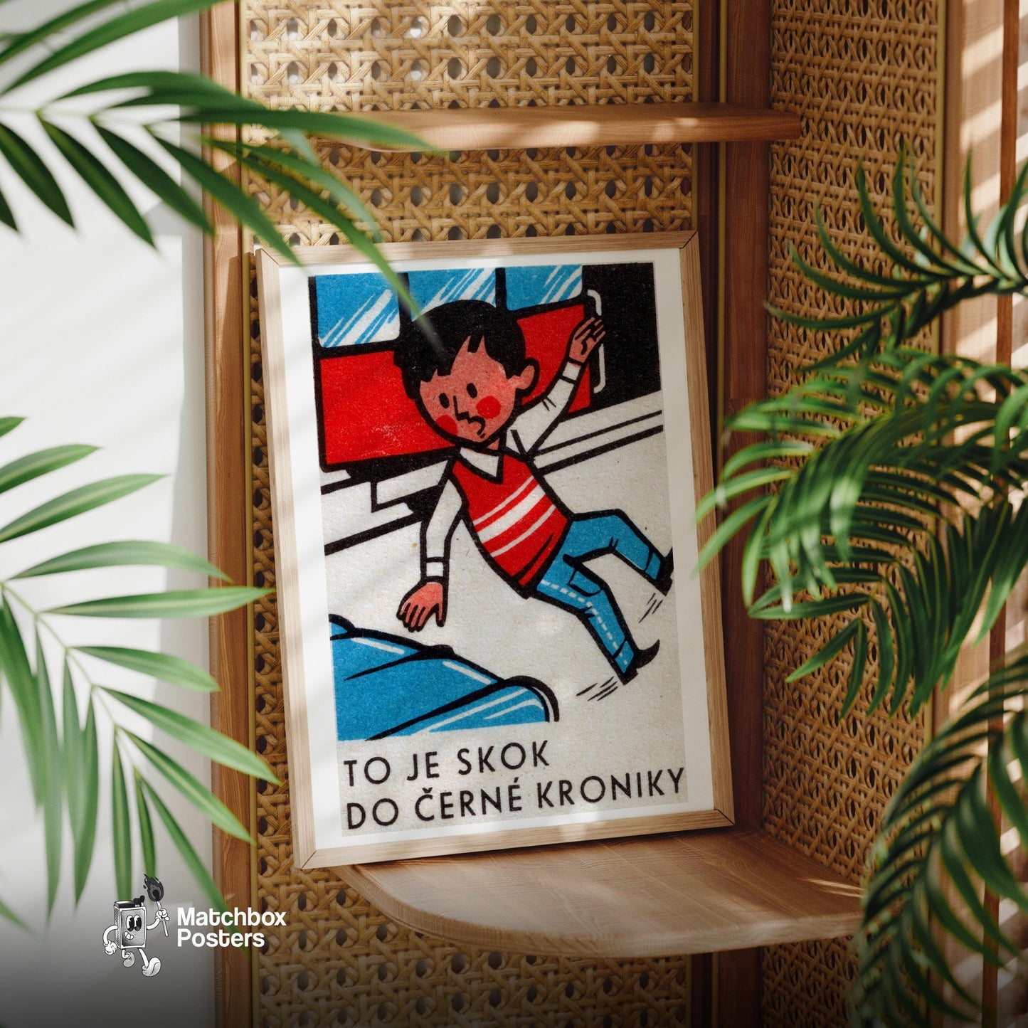 Boy Jumping from Train - vintage matchbox label print - office wall