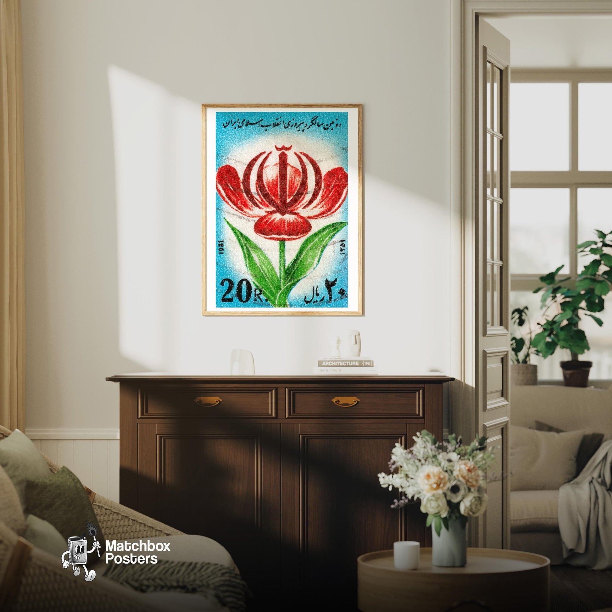 Red Arabian Flower - vintage matchbox label print - living room mockup