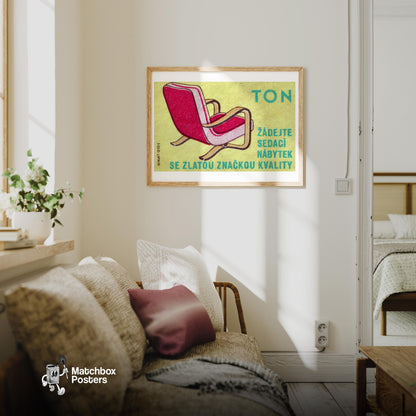 Red Armchair - vintage matchbox label print - living room mockup