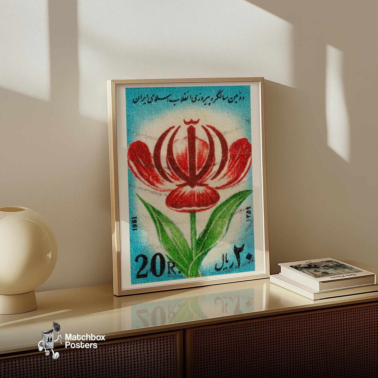 Red Arabian Flower - vintage matchbox label print - size comparison