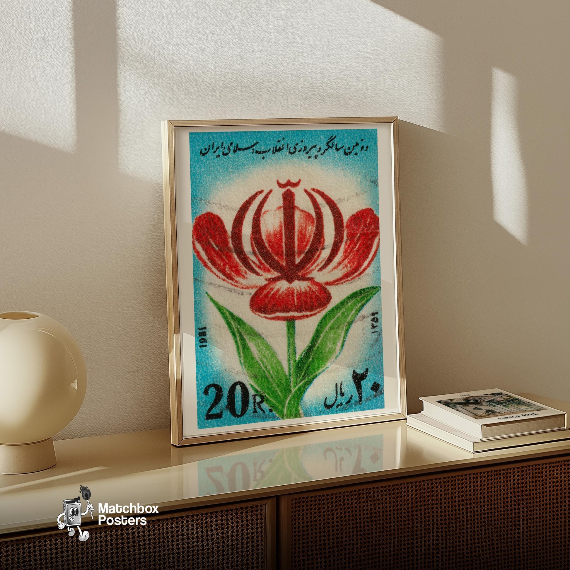 Red Arabian Flower - vintage matchbox label print - size comparison