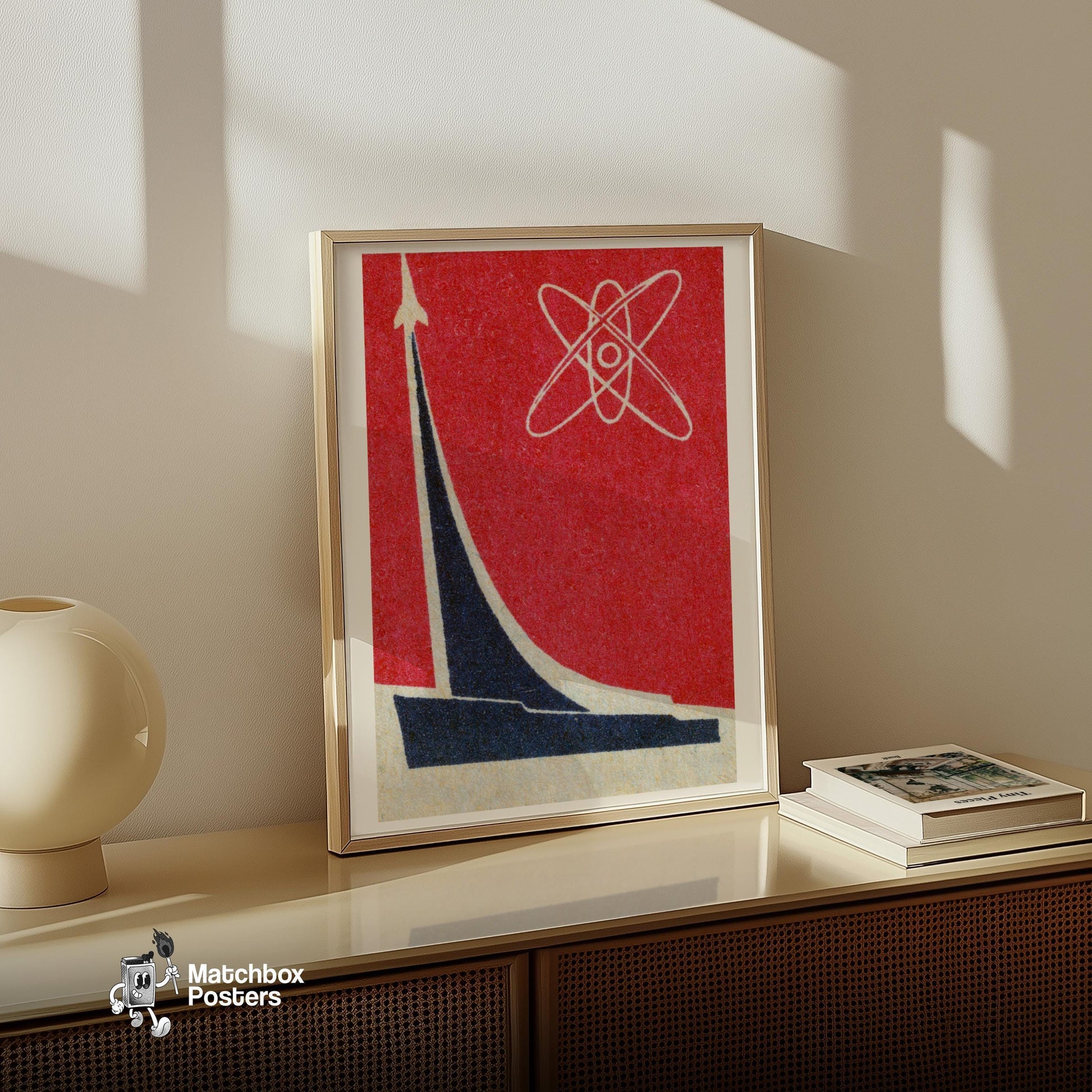 Rocket and Atomic Symbol - vintage matchbox label print - size comparison